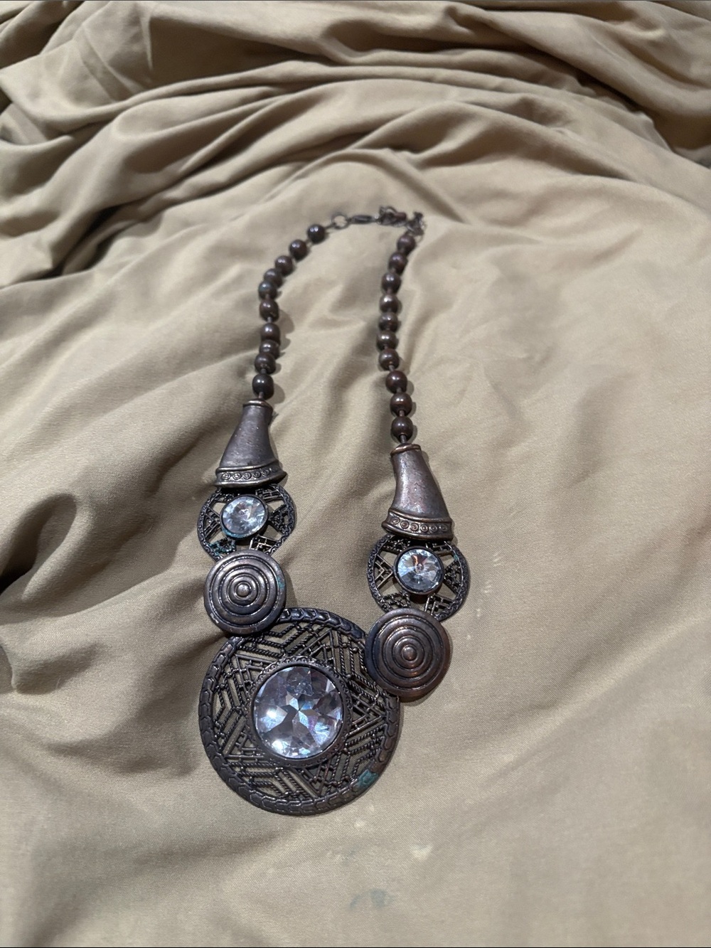 Antique-Style Bronze Statement Necklace with Clear Crystal Accents